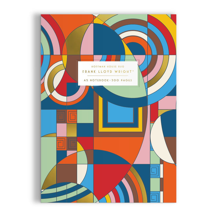 A vibrant cover with geometric abstract shapes in blue, red, yellow, pink, and gold frames a white label reading "Frank Lloyd Wright Hoffman House Premium A5 Notebook" by the Frank Lloyd Wright Foundation.