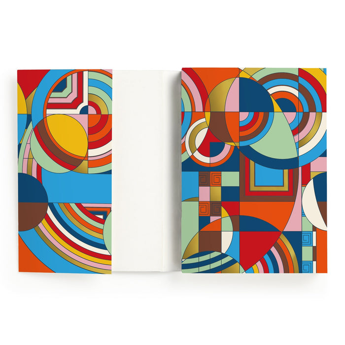 The Frank Lloyd Wright Hoffman House Premium A5 Notebook by the Frank Lloyd Wright Foundation features a geometric abstract cover in vibrant colors with intersecting shapes. Inside, you'll find blank white pages.