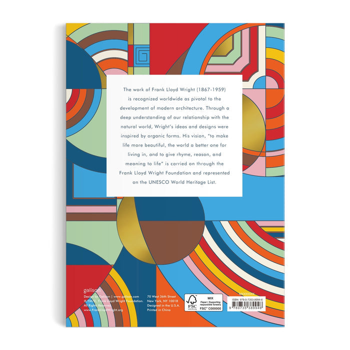 The back cover of the Frank Lloyd Wright Foundation's Hoffman House Premium A5 Notebook features colorful, overlapping geometric patterns with a central white box describing Wright’s architectural influence.