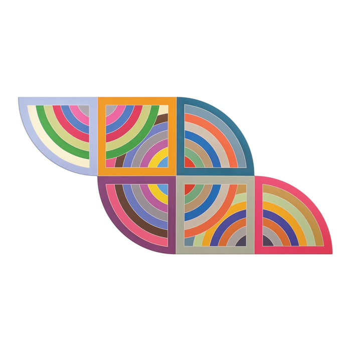 The Frank Stella Harran II 750 Piece Shaped Puzzle in Drawer Box features six colorful geometric sections with vibrant concentric arcs, arranged in a dynamic overlapping pattern against a white background.