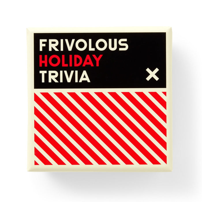 The Frivolous Holiday Trivia game by Brass Monkey comes in a box with "Holiday" in red, other text white on black, a white X on the right, and diagonal red and white stripes along the bottom—great for holiday parties.