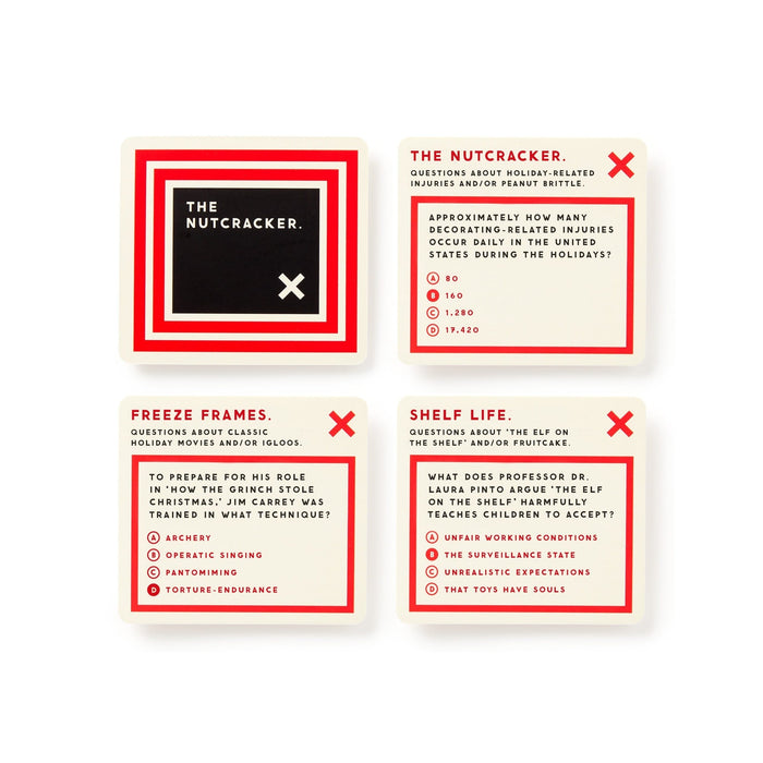 Frivolous Holiday Trivia by Brass Monkey features four cards with red and black borders, offering holiday-themed multiple-choice questions on The Nutcracker, classic movies, and elves, with categories marked by colored dots.
