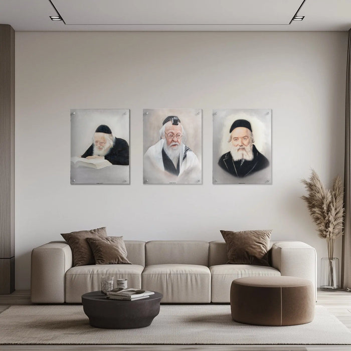 Gedolim Art portrait of R' Nosson Tzvi Finkel in light tones, framed print displayed above beige sofa in modern home decor setting