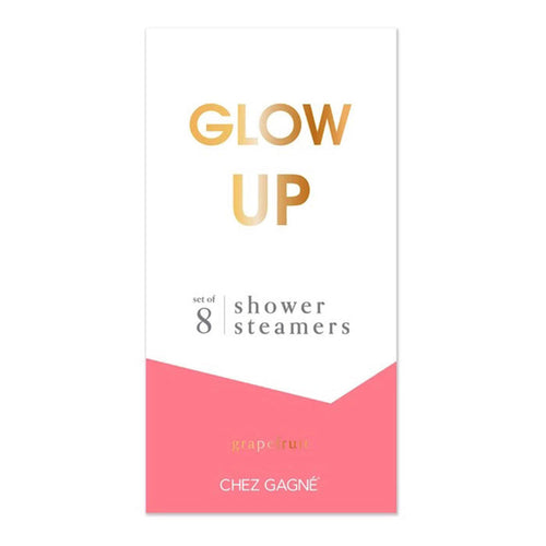 Packaging of shower steamers with 'Glow Up' text and a pink accent on a white background.