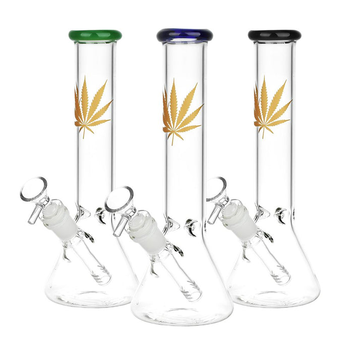 Gold Hemp Leaf Glass Beaker Bong