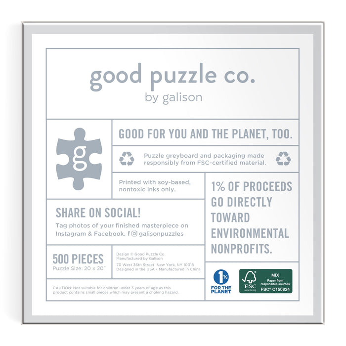 The Good Puzzle Co. Spooky Treats 500pc Puzzle by Laura Watkins features recycled materials, supports environmental nonprofits with 1% of proceeds, and invites you to share spooky treats puzzle photos on social media.