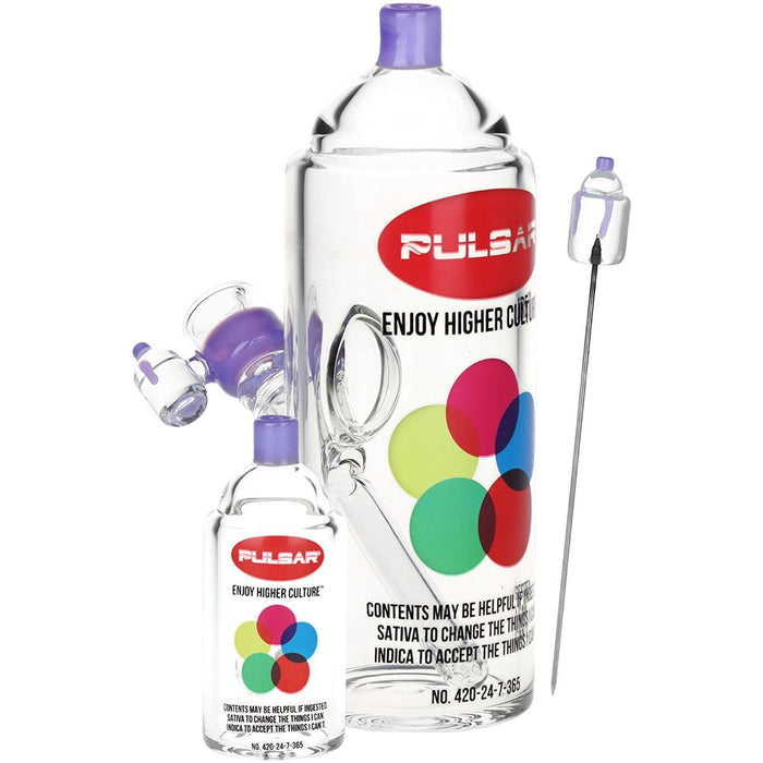 Glass smoking bong spray can device with Pulsar branding on a white background