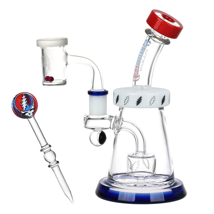 Glass smoking dab rig with colorful design elements on a white background