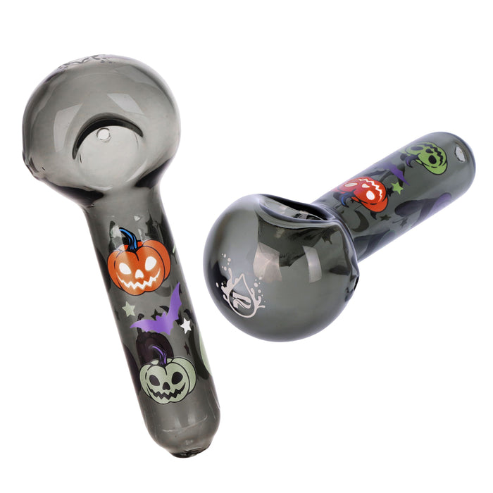 Two gray Weed Bowls  with Halloween-themed designs on a white background