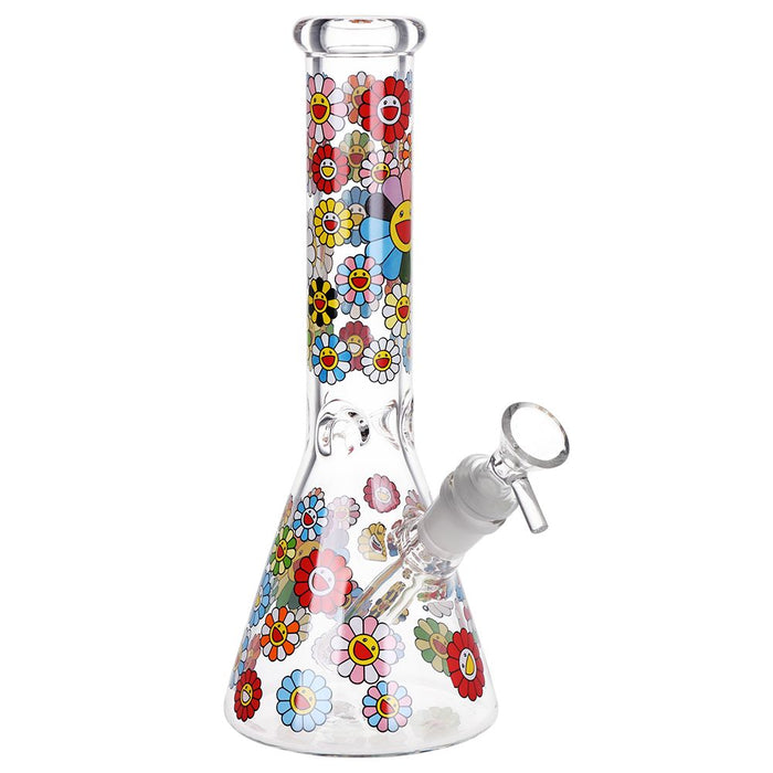 Glass smoking water pipe with colorful floral patterns on a white background