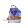 A small holographic backpack with a translucent iridescent finish, featuring  rainbow-colored horizontal bands, and a silver-gray strap, front angle view, shown on a plain white background.