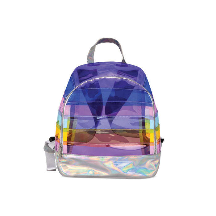 A small holographic backpack with a translucent iridescent finish, featuring  rainbow-colored horizontal bands, and a silver-gray strap, front view, shown on a plain white background.