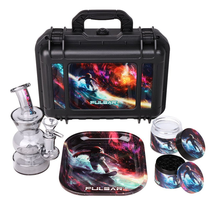 Smoking accessories set with black case, glass components, and Pulsar branding on a white background