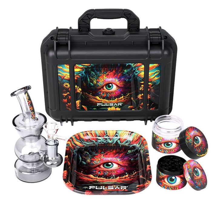 Set of glass smoking accessories with colorful designs on a white background.
