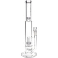 Clear glass water pipe with a tall chamber, side arm, and glass bowl, shown on a plain white background.