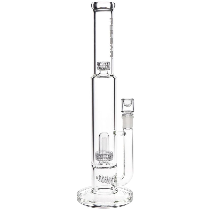 Clear glass water pipe with a tall chamber, side arm, and glass bowl, shown on a plain white background.