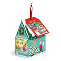 The Joanna Clay Holiday Market 130 Piece Puzzle Ornament is a house-shaped box with festive holiday designs and animals decorating a Christmas tree. It features a red hanging ribbon and a tag with the finished puzzle image.
