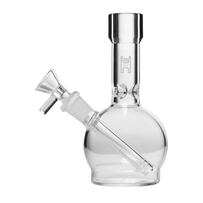 A clear 6-inch ball-shaped glass water pipe with a built-in downstem and a 14mm female joint. Includes a 14mm flower bowl attachment.