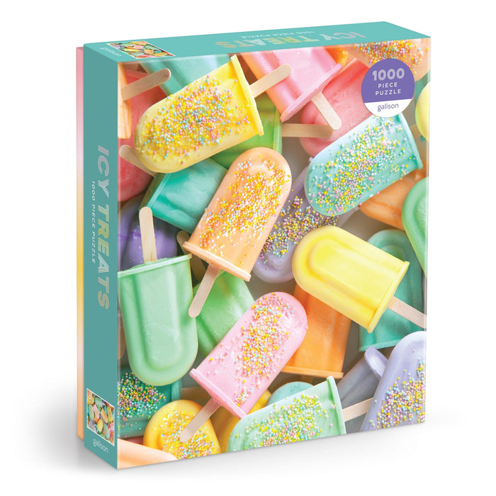 Enjoy summer fun with the Icy Treats 1000 Piece Puzzle by Julie Seabrook Ream, featuring a vibrant mix of pastel popsicles with sprinkles arranged in a playful, scattered pattern.