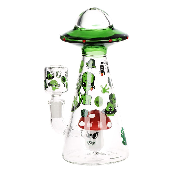 Glass smoking device with alien design on a white background