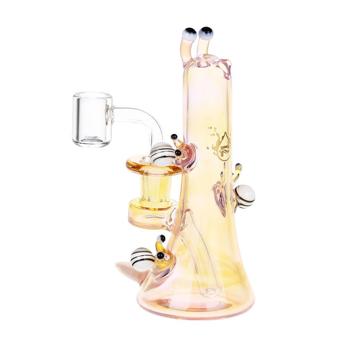 Glass Snail Dab Rig water pipe with decorative elements on a white background