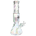 Iridescent Glass smoking Bong with jellyfish percolation with a white background