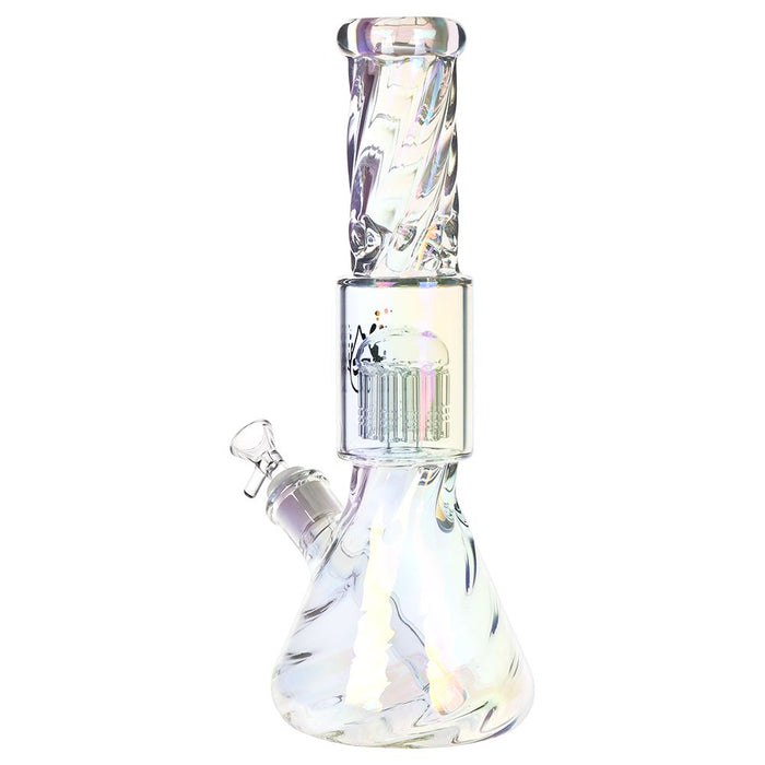 Iridescent glass water pipe with a twisted design on a white background