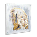 Jerusalem Alleyways watercolor painting featuring an arched stone passageway with warm golden tones, mounted on white acrylic panel wall art.