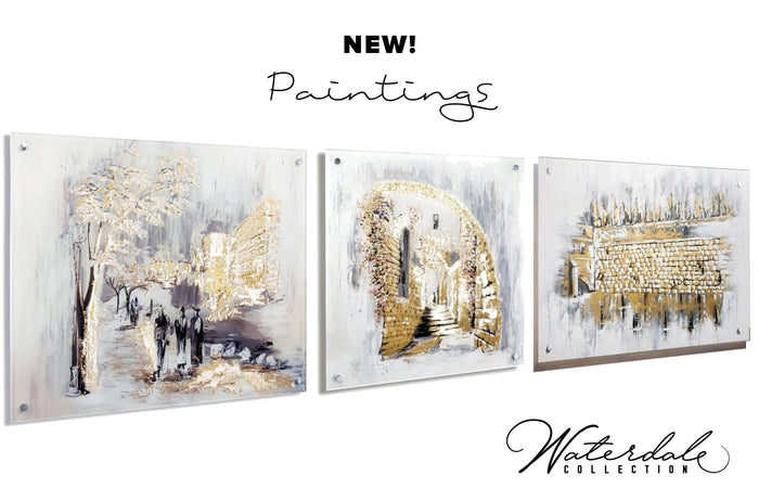 Three framed Jerusalem Alleyways paintings featuring winter street scenes with warm gold tones and architectural details, displayed as a triptych wall art set.
