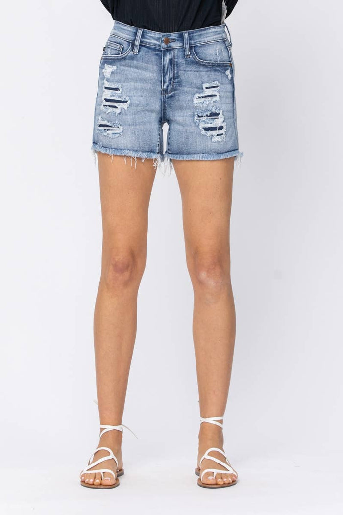 Judy Blue NWT Mid-Rise Patch + Wash-Out Cutoff Shorts XL