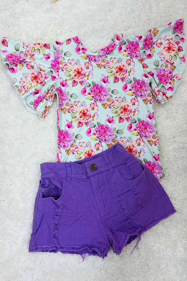 Lady Charm NWT Girls Floral Top Purple Denim Shorts Set Size 5/6 5 6