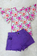 Lady Charm NWT Girls Floral Top Purple Denim Shorts Set Size 5/6 5 6