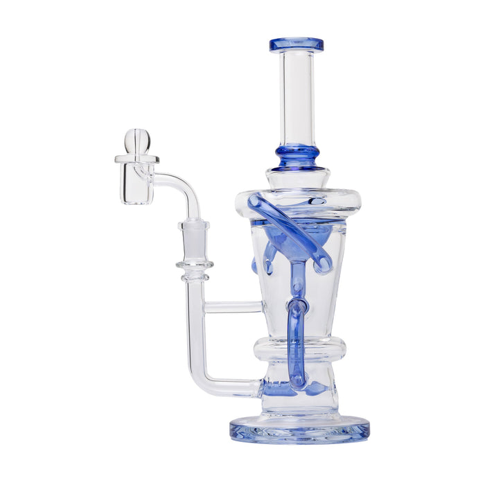 Clear glass Recycler Dab Rig with blue accents on a white background