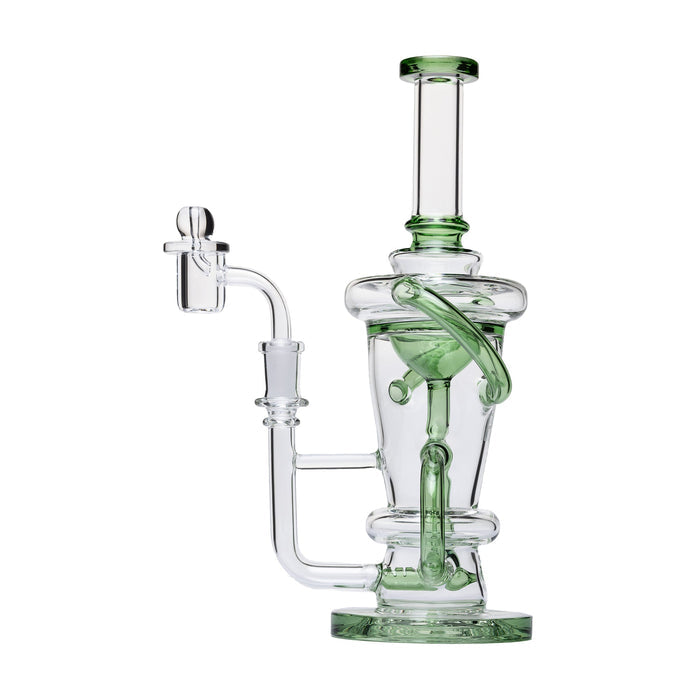 Clear glass Recycler Dab Rig with green accents on a white background
