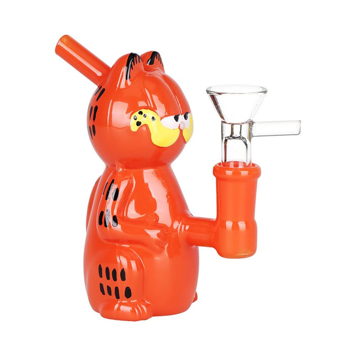 Orange cat-shaped bong device with a cherub bowl on a white background