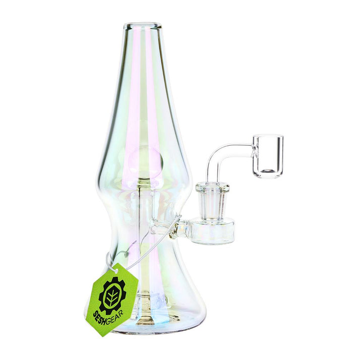 Glass smoking Dab Rig with a colorful iridescent finish on a white background, featuring a brand tag.