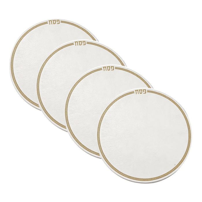 Four stacked leather herringbone round chargers with silver borders arranged in an overlapping diagonal display against a white background.