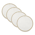 Four stacked leather herringbone round chargers with silver borders arranged in an overlapping diagonal display against a white background.