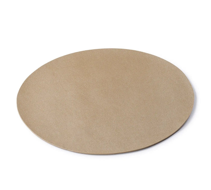 Tan leather round charger plate from Waterdale Collection for elegant table settings and formal dining occasions.