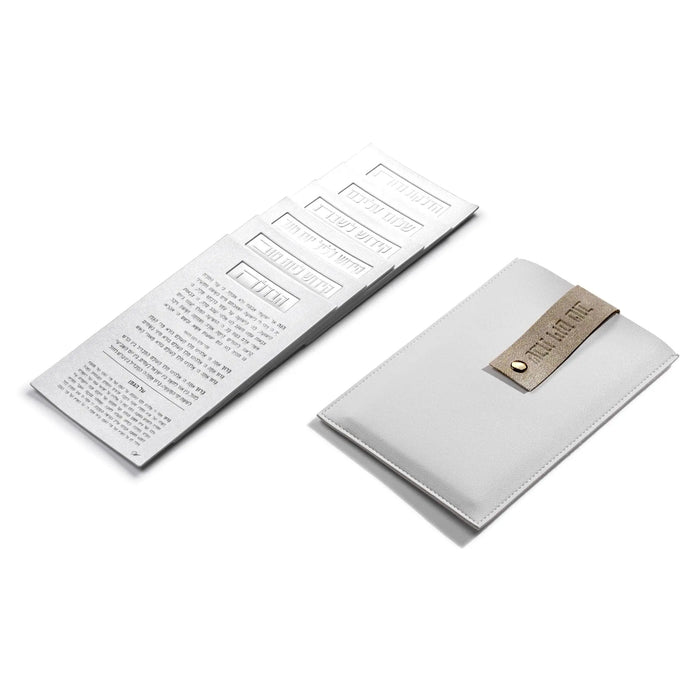 Leather Shabbos pouch in gray with card holder slot, shown open displaying interior pocket design for storing Havdalah cards and holiday essentials.