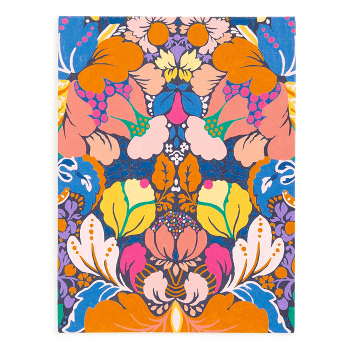 Create a vibrant, symmetrical floral masterpiece with the Liberty London Liberty 9 x 12 Paint by Number Kit Glastonbury, featuring intricate leaf and flower patterns in bold orange, yellow, pink, blue, and purple on white.