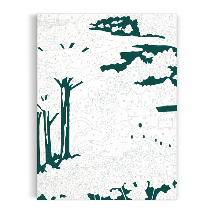 The Liberty London Coastal Parade 9 x 12" Paint by Number Kit features an unfinished landscape with trees, hills, and a farmhouse. Some sections are painted dark green, while most remain outlined and numbered for you to paint.