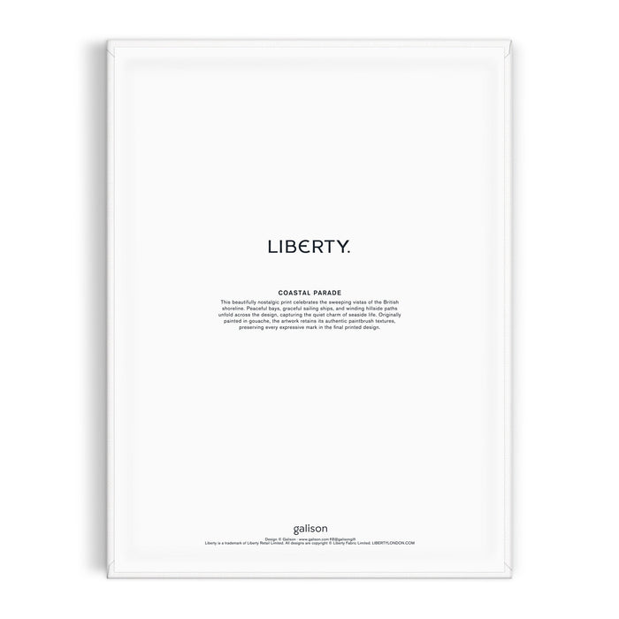 A white rectangular poster for the Liberty Coastal Parade 9 x 12" Paint by Number Kit features "LIBERTY." in bold capitals at the center, "COASTAL PARADE" and a paragraph below, with Liberty London in small print at the lower edge.