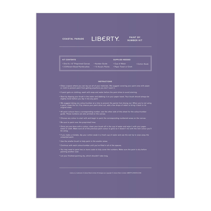 A purple sheet displays instructions for the Liberty London Coastal Parade 9 x 12" Paint by Number Kit, listing kit contents, needed supplies, and step-by-step painting directions in white text.