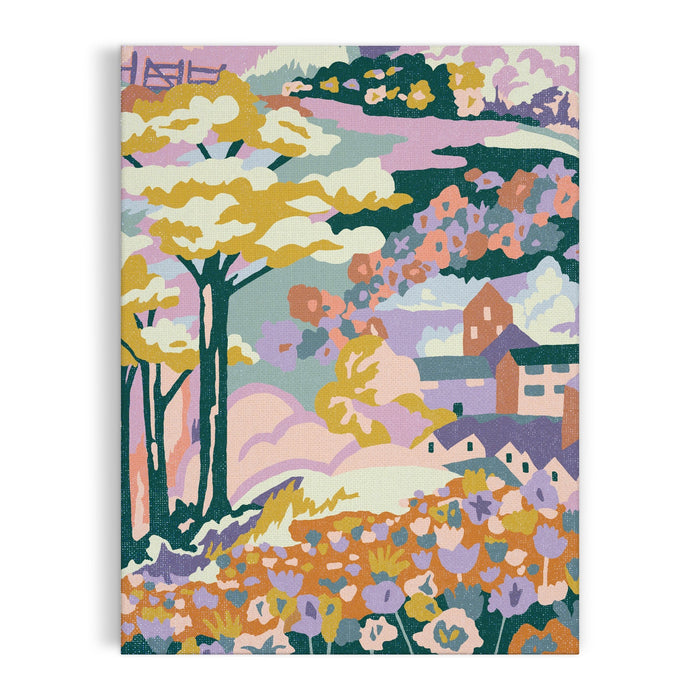 Create a vibrant countryside scene with the Liberty London Coastal Parade 9 x 12" Paint by Number Kit, featuring pastel-hued trees, hills, wildflowers, houses, and a barn.