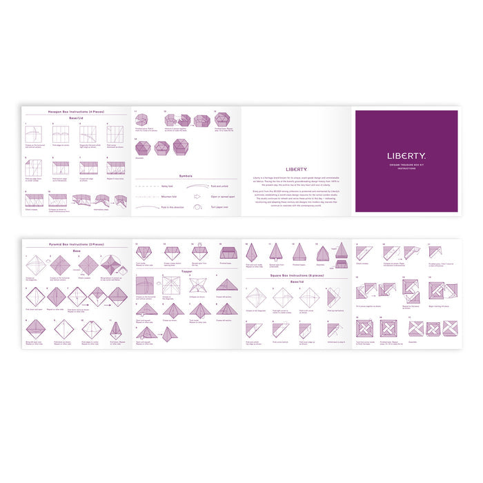 The Liberty Origami Treasure Box Kit by Liberty of London Ltd includes an instructional pamphlet with step-by-step illustrated diagrams for folding and tying a scarf in purple and white Liberty Floral Origami patterns.