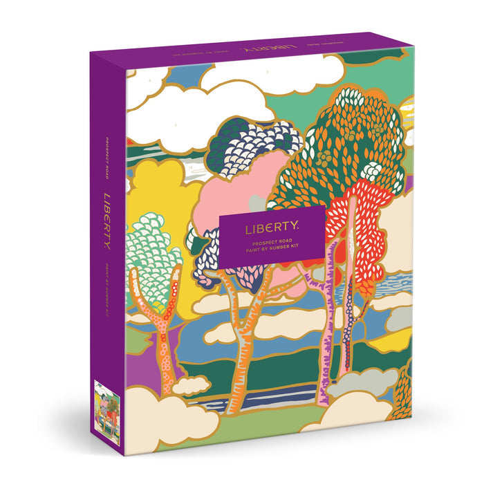 A vibrant paint by number kit box from Liberty London, featuring an abstract tree and cloud design with Liberty Prospect Road 9 x 12 Paint by Number Kit on a central purple label.