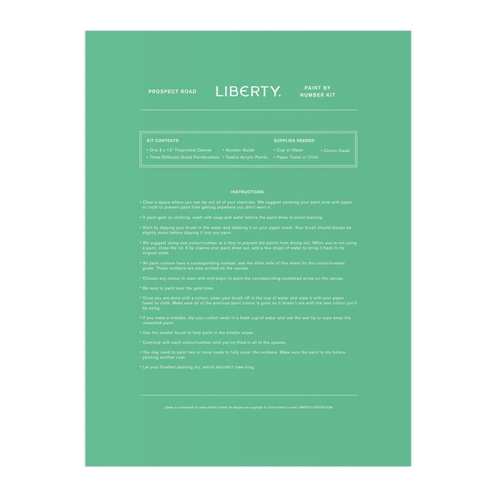 A green instruction sheet for the Liberty London Prospect Road 9 x 12 Paint by Number Kit lists kit contents, required supplies, and step-by-step painting instructions in centered white text.