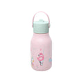 A pink insulated kids water bottle with a mint green lid and pink carrying loop, decorated with a pink flamingo and other small birds, front view, on a white background.