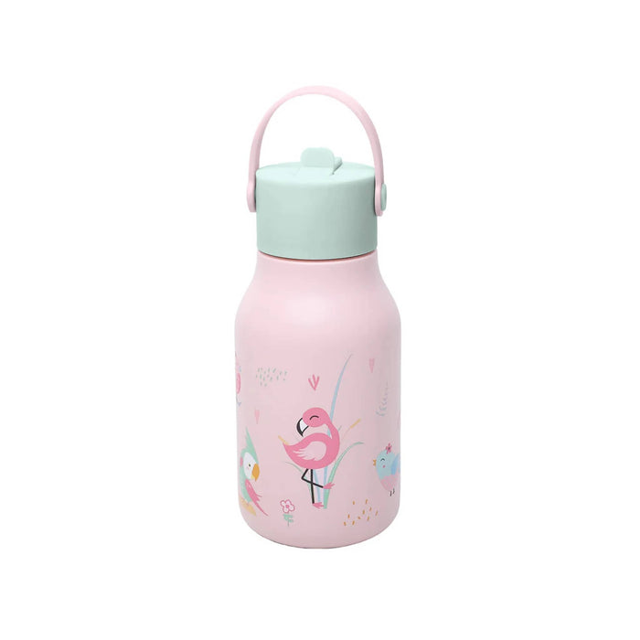 A pink insulated kids water bottle with a mint green lid and pink carrying loop, decorated with a pink flamingo and other small birds, front view, on a white background.